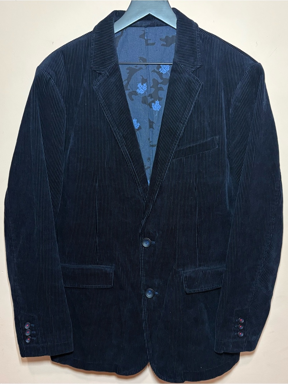 Jeep Spirit Navy Corduroy Blazer Sport Coat Large Leaf Print Lining
